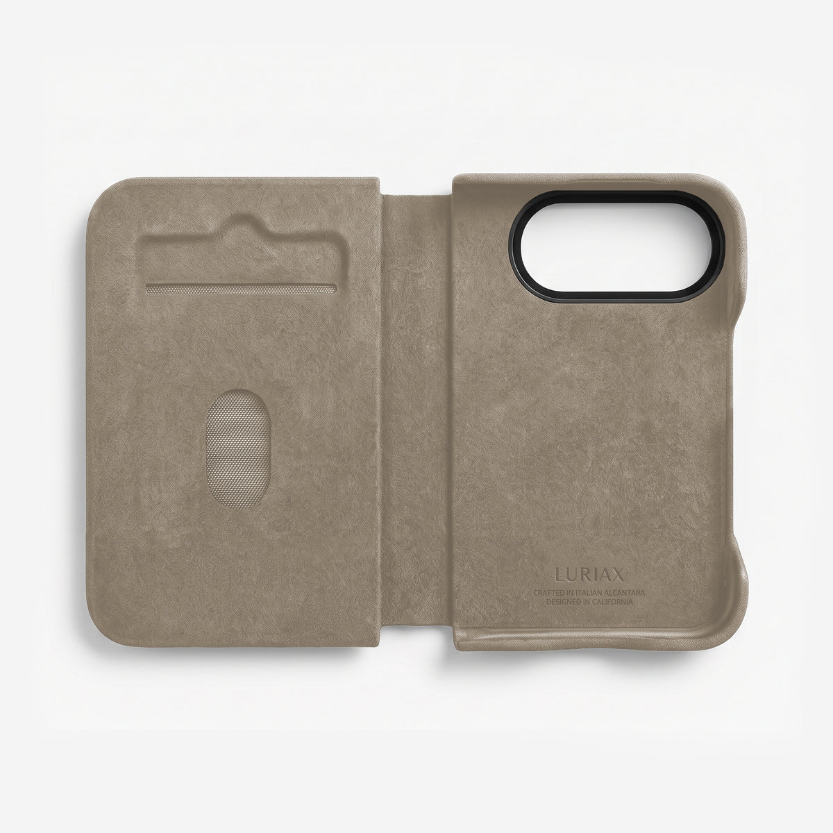 Luriax The Folio iPhone Duo case in Sand, open and flat, showing the Alcantara lined interior and the single card slot inside the cover