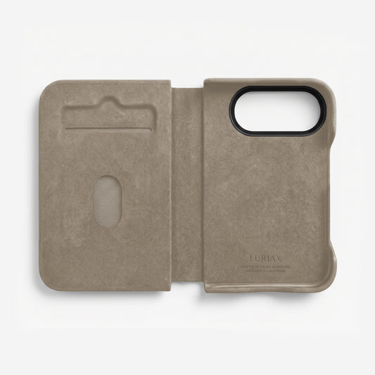 Luriax The Folio iPhone Duo case in Sand, open and flat, showing the Alcantara lined interior and the single card slot inside the cover