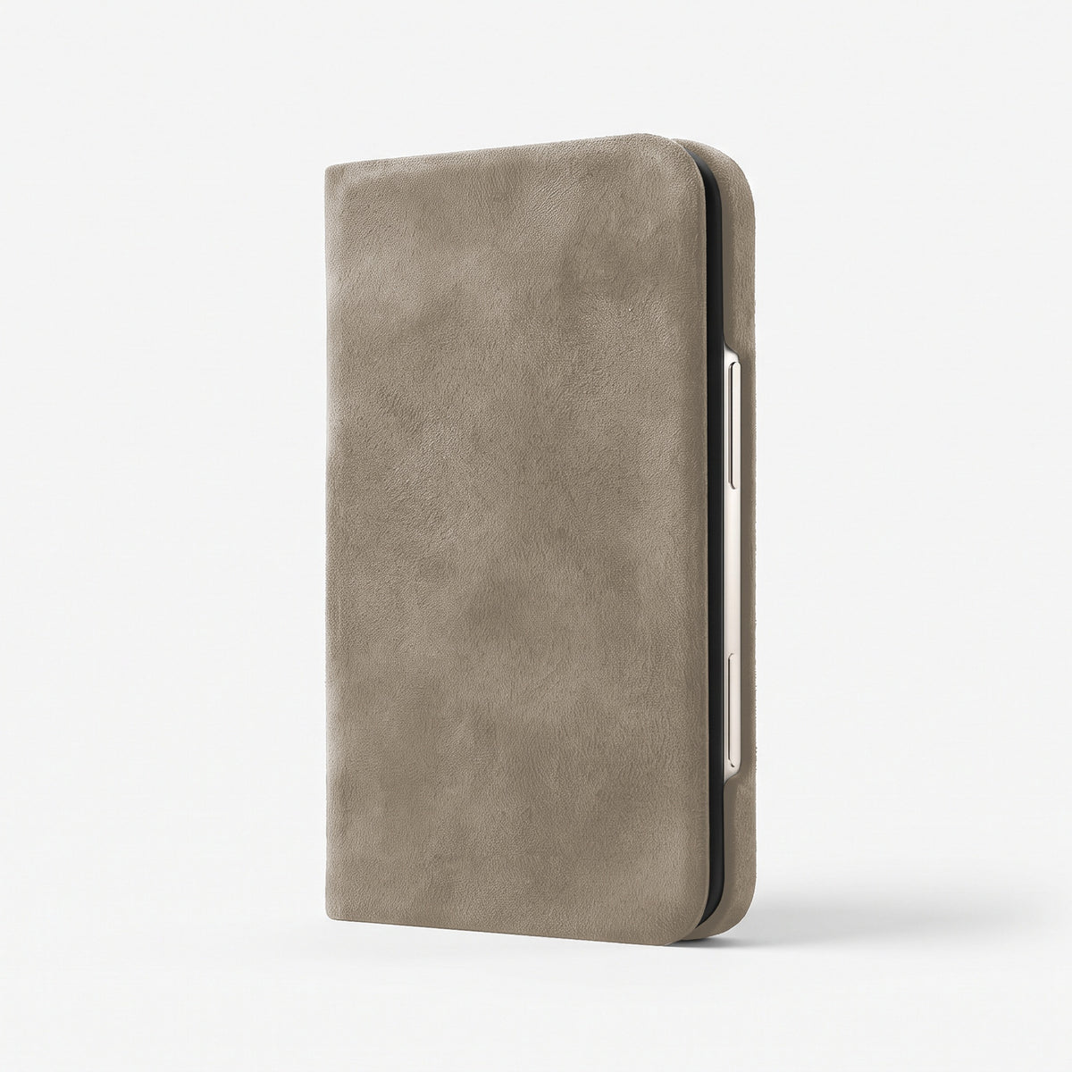 Luriax The Folio iPhone Duo case in Sand Alcantara, closed, three-quarter view of the front cover