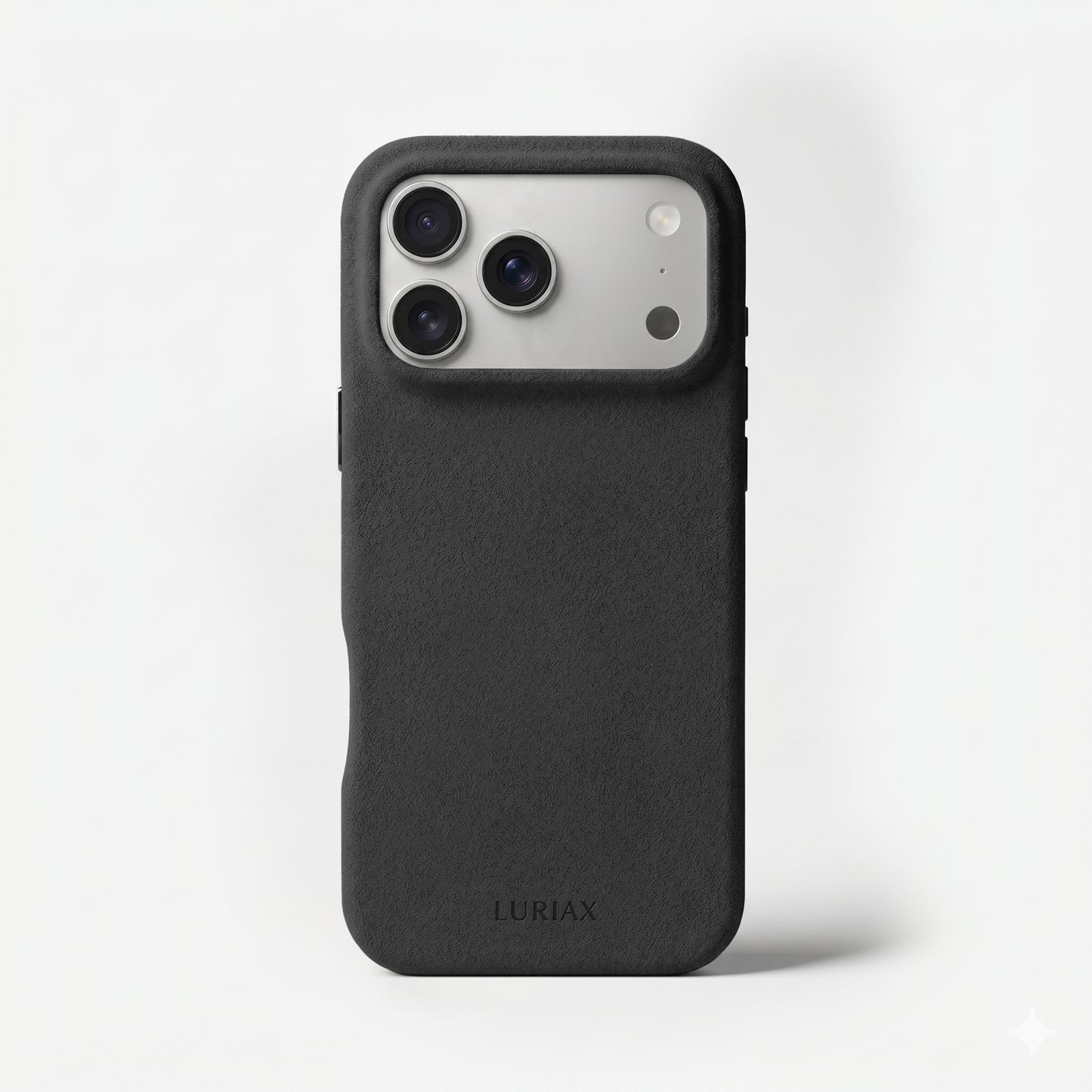 The Signature Handcrafted Case — Limited Edition iPhone 17 in Black Caviar, Alcantara® — front view | Luriax