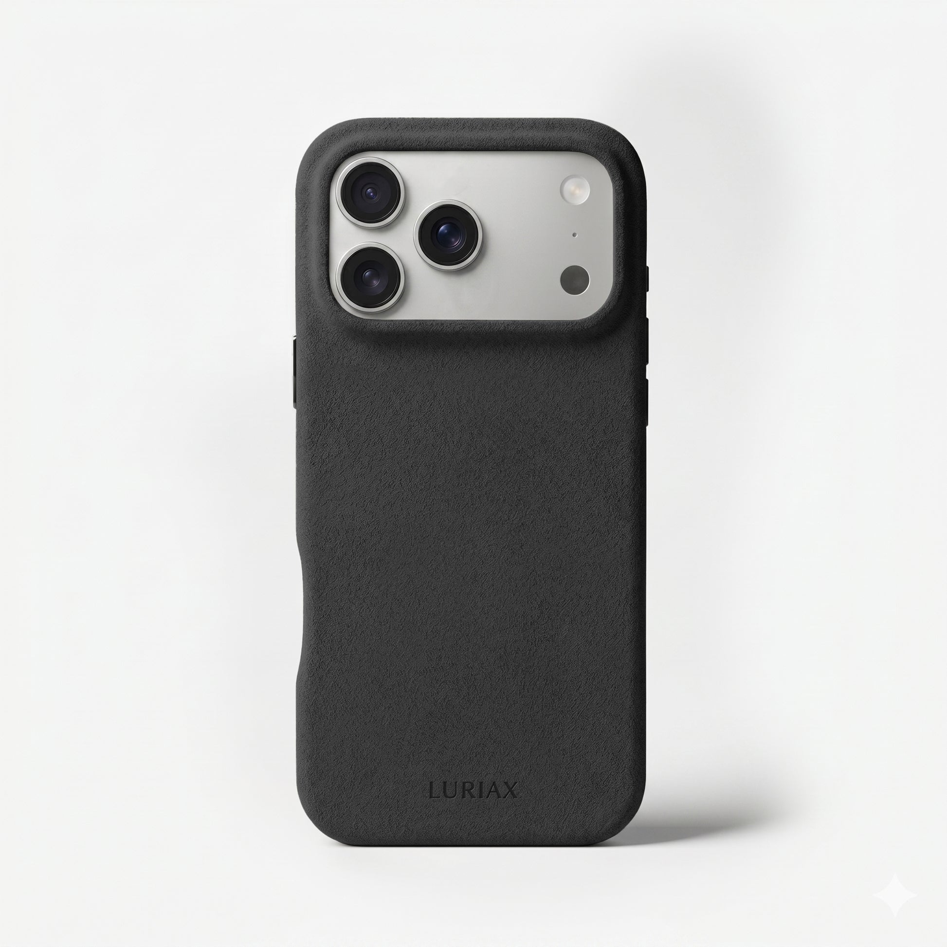 The Signature Handcrafted Case — Limited Edition iPhone 17 in Black Caviar, Alcantara® — front view | Luriax