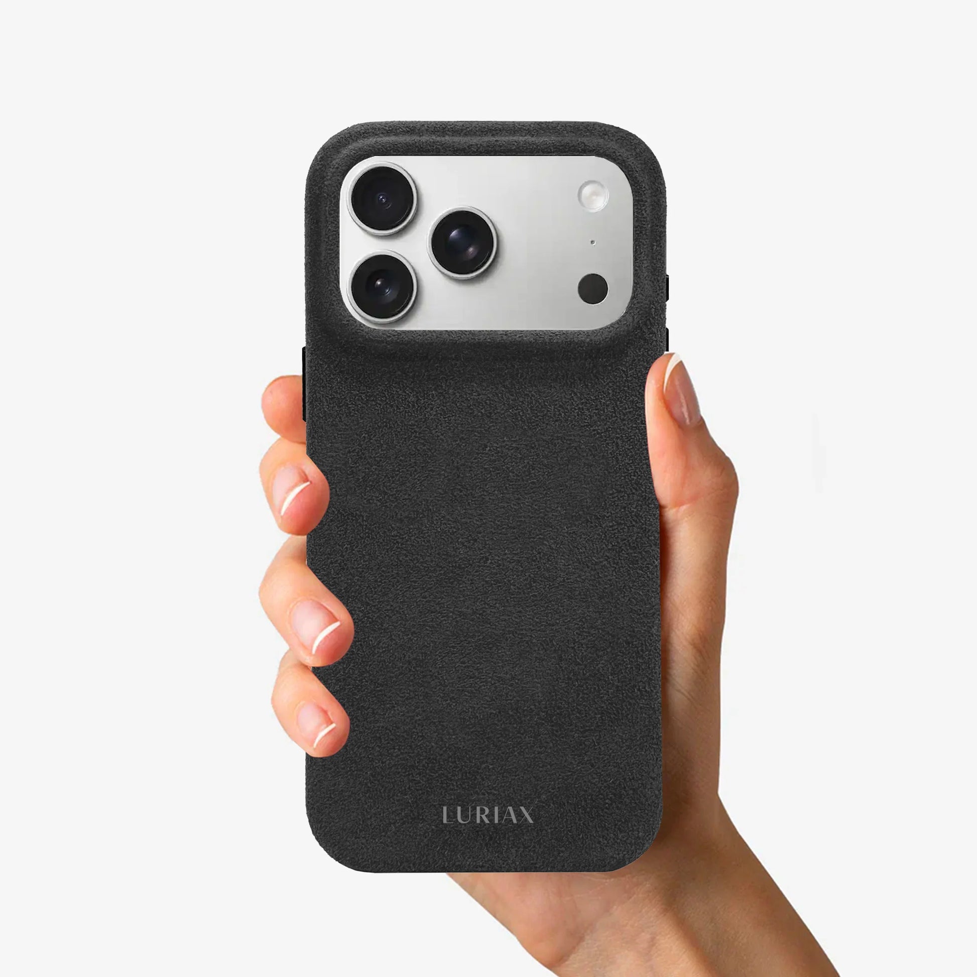 Luriax Signature Alcantara Suede iPhone 17 Pro Max Case in Black Caviar - Lifestyle