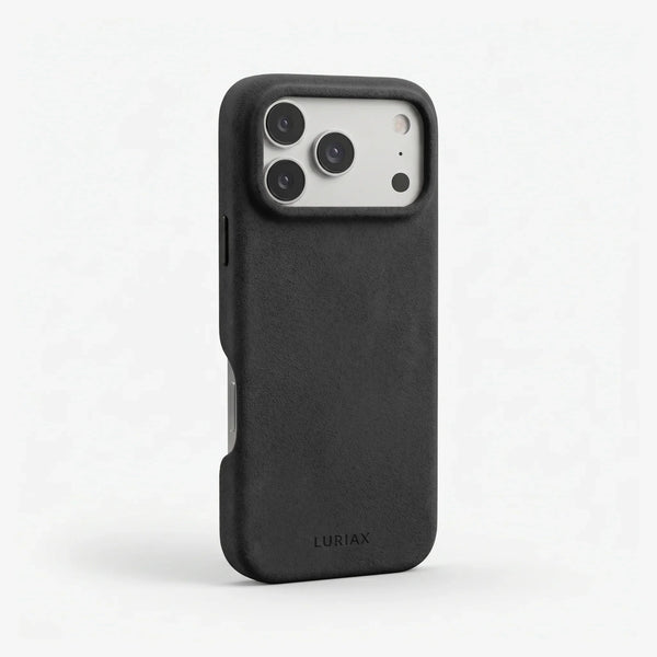 The Signature Handcrafted Case — Limited Edition iPhone 17 in Black Caviar, Alcantara® — side view | Luriax