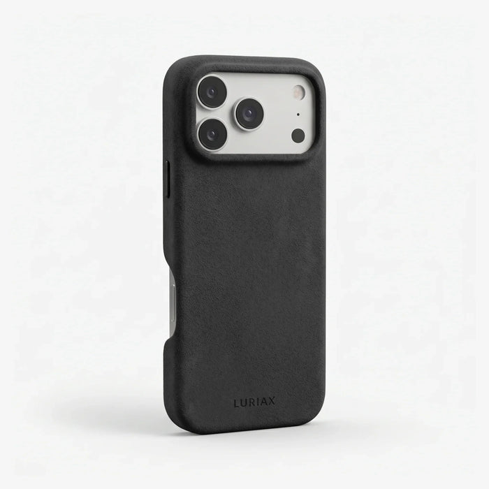 The Signature Handcrafted Case — Limited Edition iPhone 17 in Black Caviar, Alcantara® — side view | Luriax