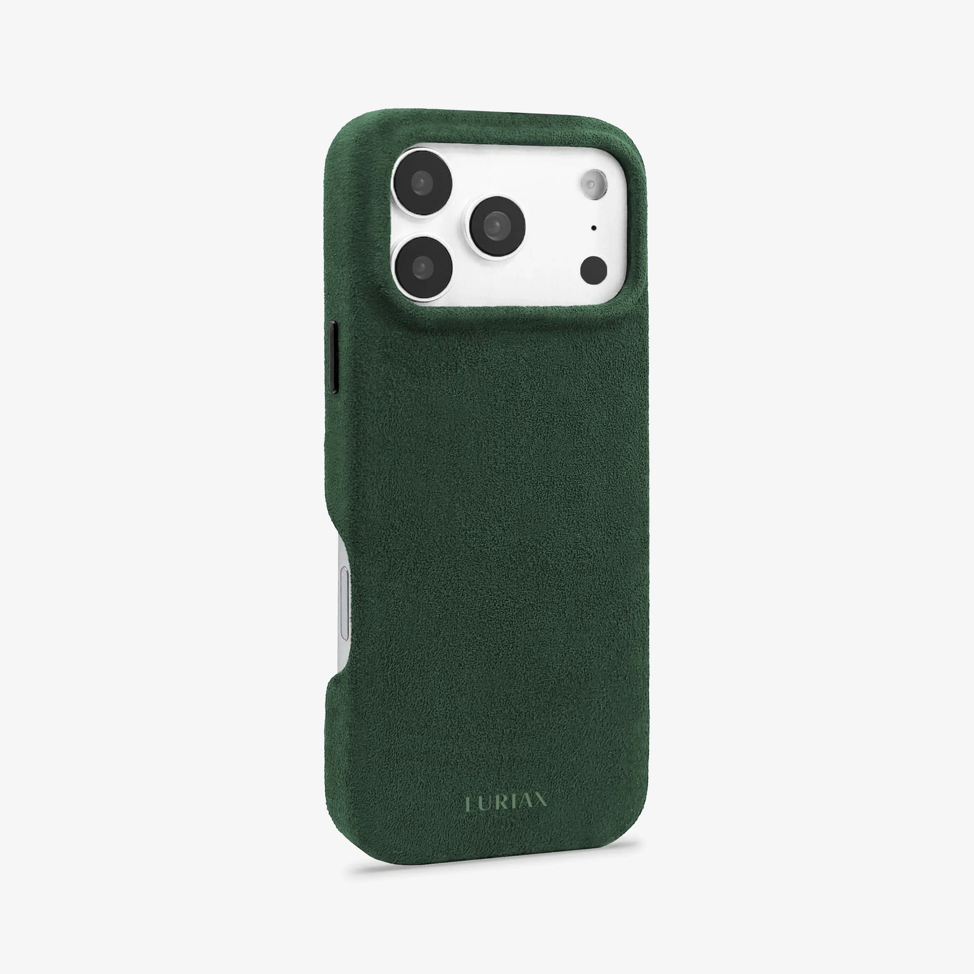Luriax Signature Alcantara Suede iPhone 17 Pro Max Case in British Racing Green - Side
