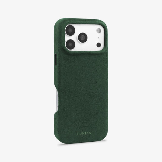 Luriax Signature Alcantara Suede iPhone 17 Pro Max Case in British Racing Green - Side