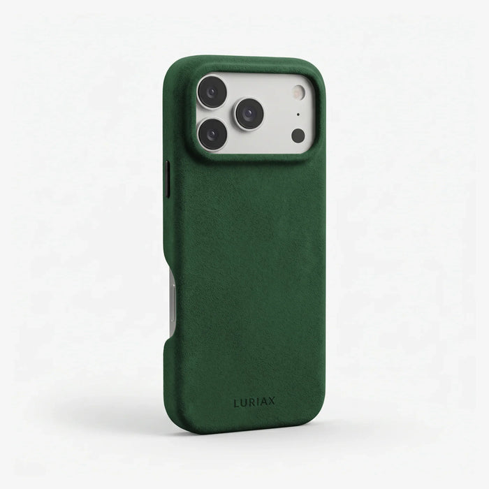 The Signature Handcrafted Case — Limited Edition iPhone 17 in British Racing Green, Alcantara® — side view | Luriax