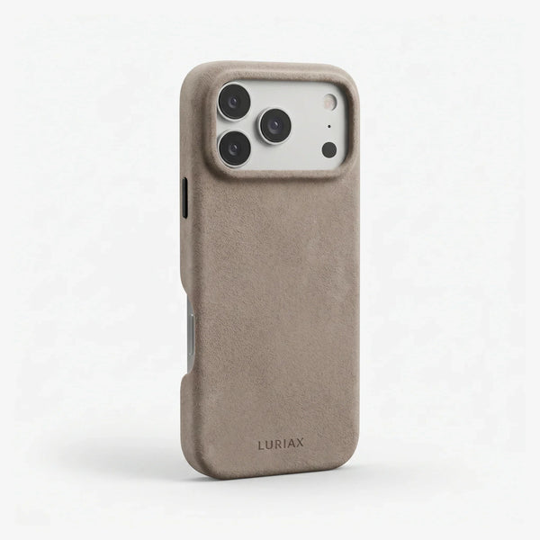 The Signature Handcrafted Case — Limited Edition iPhone 17 in Malibu Beige, Alcantara® — side view | Luriax
