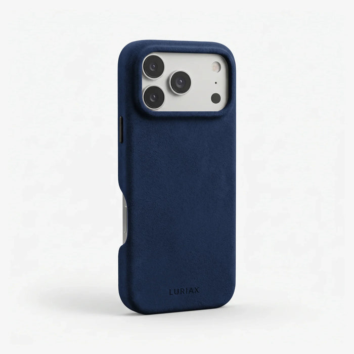 The Signature Handcrafted Case — Limited Edition iPhone 17 in Midnight Blue, Alcantara® — side view | Luriax