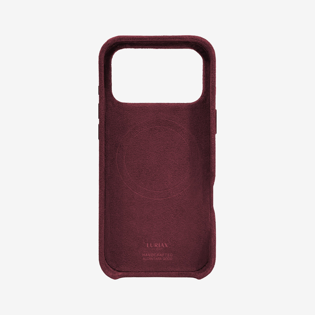 The Signature Handcrafted Case — iPhone 18 in Bordeaux, Alcantara® — lined interior | Luriax