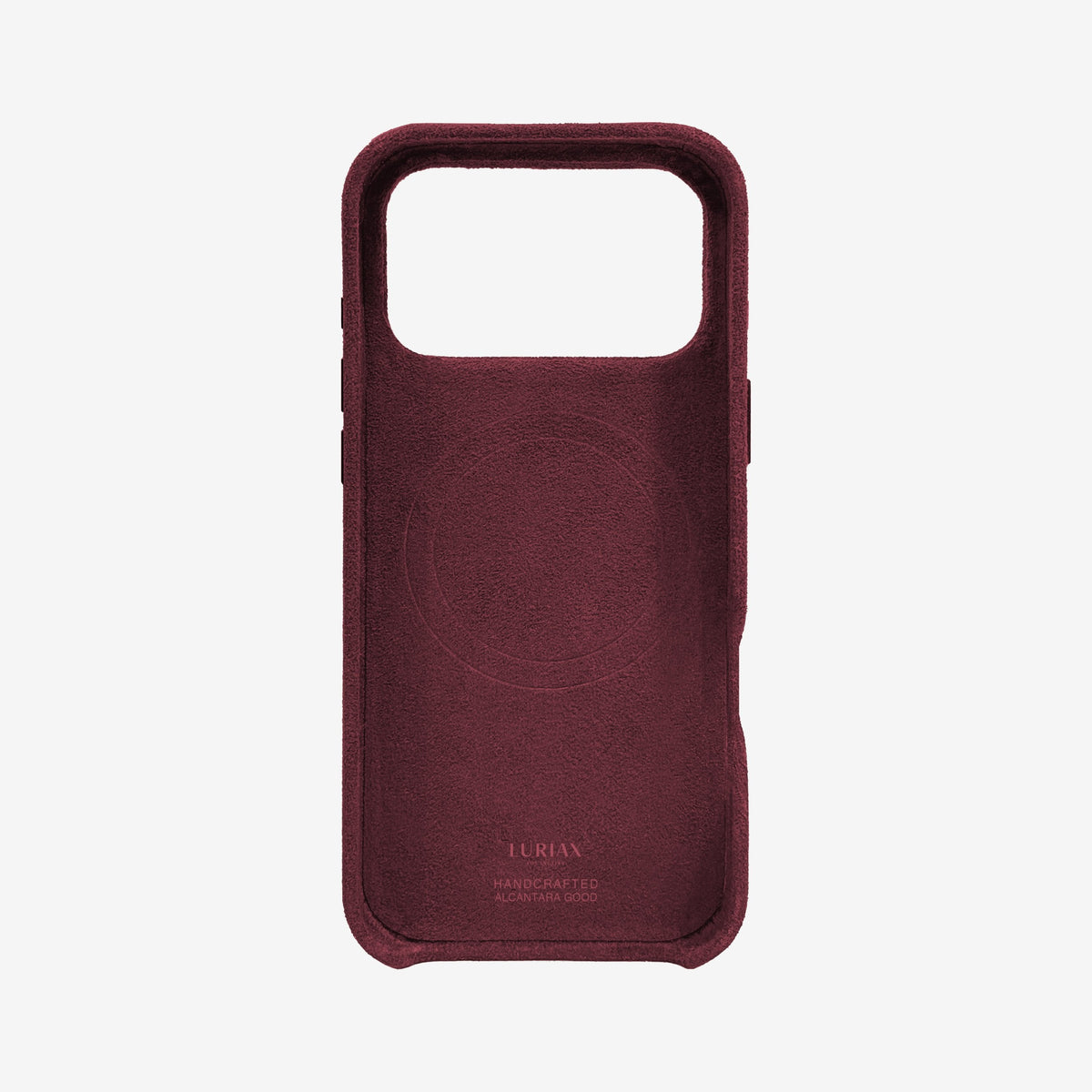 The Signature Handcrafted Case — iPhone 17 in Bordeaux, Alcantara® — lined interior | Luriax