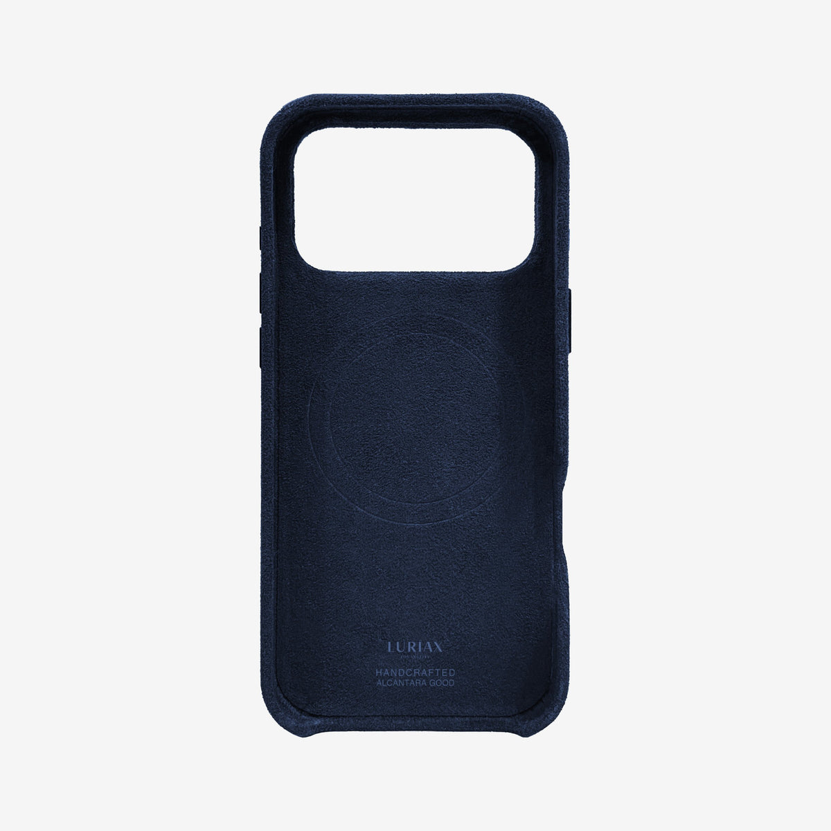 The Signature Handcrafted Case — iPhone 18 in Midnight Blue, Alcantara® — lined interior | Luriax