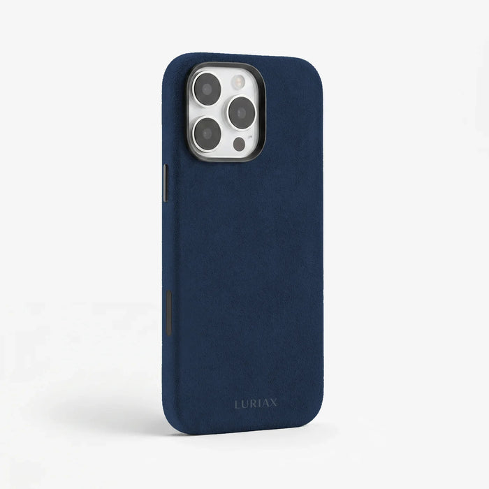 The Modern — iPhone 16 Case in Midnight Blue, Alcantara® — side view | Luriax
