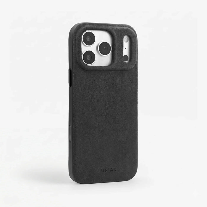 The Sport Case in Black Caviar, Alcantara®, for iPhone 17 Pro Max & iPhone 18 Pro Max — side view | Luriax