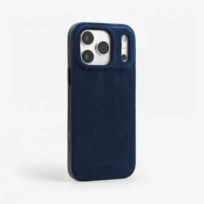 The Sport Case in Midnight Blue, Alcantara®, for iPhone 17 Pro Max & iPhone 18 Pro Max — side view | Luriax