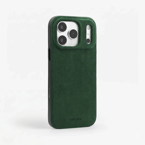 The Sport Case in British Racing Green, Alcantara®, for iPhone 17 Pro Max & iPhone 18 Pro Max — side view | Luriax