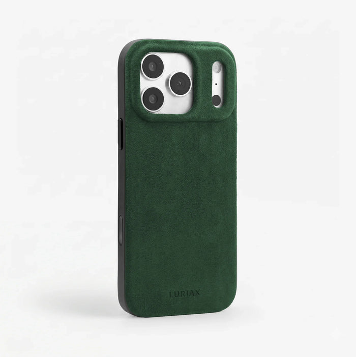 The Sport Case in British Racing Green, Alcantara®, for iPhone 17 Pro Max & iPhone 18 Pro Max — side view | Luriax