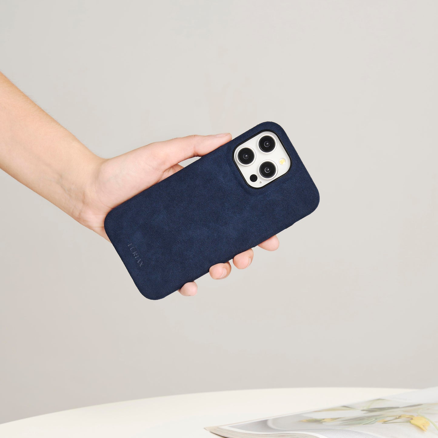 The Classic Alcantara Suede iPhone 16 Pro Max Case Dark Blue on White Titanium by Luriax - Lifestyle