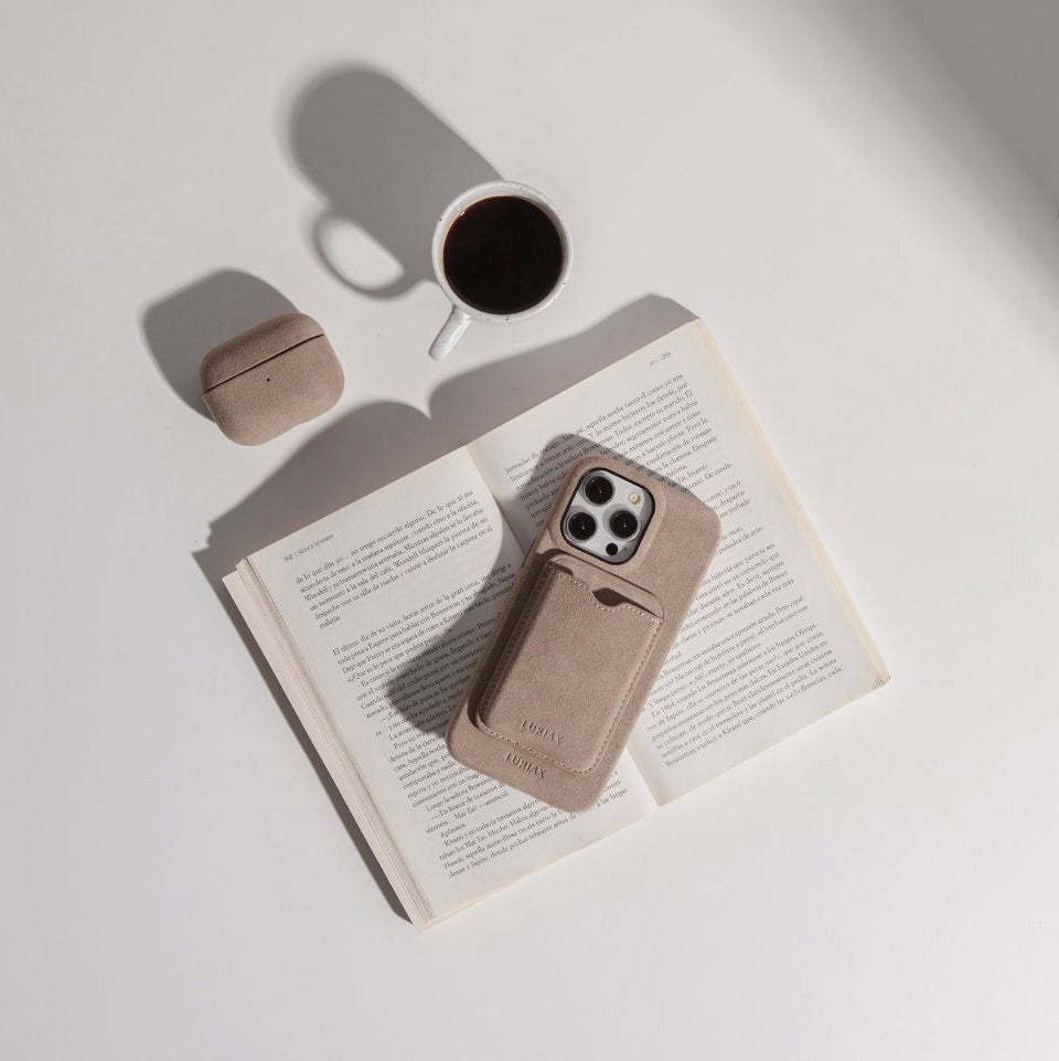The Classic Alcantara Suede iPhone 16 Pro Max Case in Malibu Beige on White Titanium by Luriax - Lifestyle