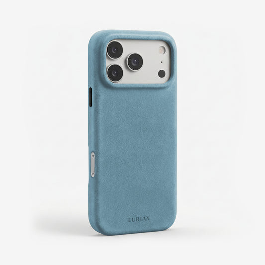 The Signature Handcrafted Case — Limited Edition iPhone 18 in Baby Blue, Alcantara® — three-quarter view | Luriax
