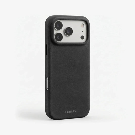 The Signature Handcrafted Case — iPhone 17 in Black Caviar, Alcantara® — three-quarter view | Luriax