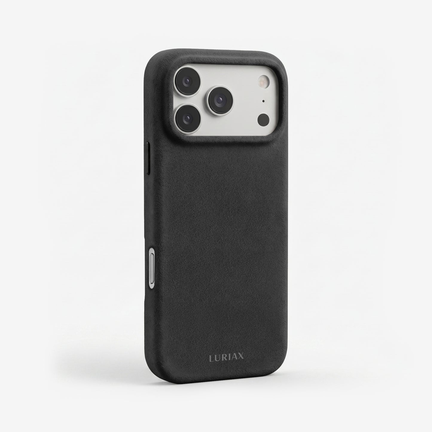 The Signature Handcrafted Case — iPhone 18 in Black Caviar, Alcantara® — three-quarter view | Luriax