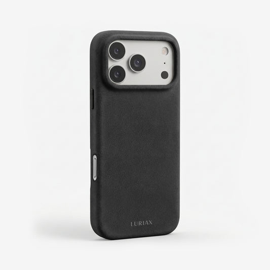 The Signature Handcrafted Case — iPhone 18 in Black Caviar, Alcantara® — three-quarter view | Luriax