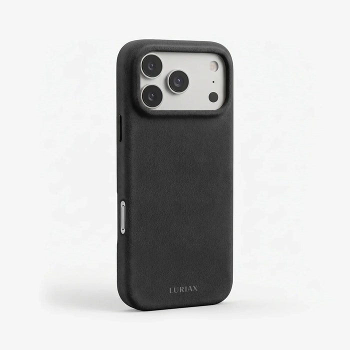 The Signature Handcrafted Case — iPhone 18 in Black Caviar, Alcantara® — three-quarter view | Luriax