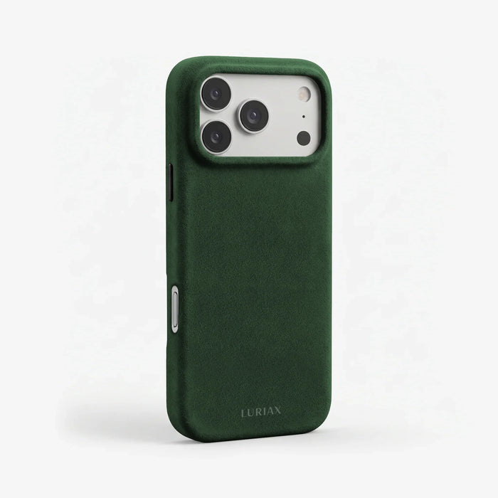 The Signature Handcrafted Case — iPhone 18 in British Racing Green, Alcantara® — three-quarter view | Luriax