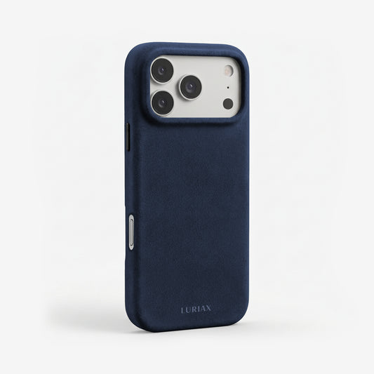 The Signature Handcrafted Case — iPhone 18 in Midnight Blue, Alcantara® — three-quarter view | Luriax