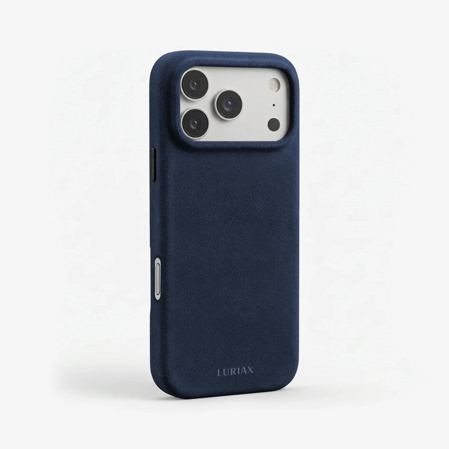 The Signature Handcrafted Case — iPhone 18 in Midnight Blue, Alcantara® — three-quarter view | Luriax