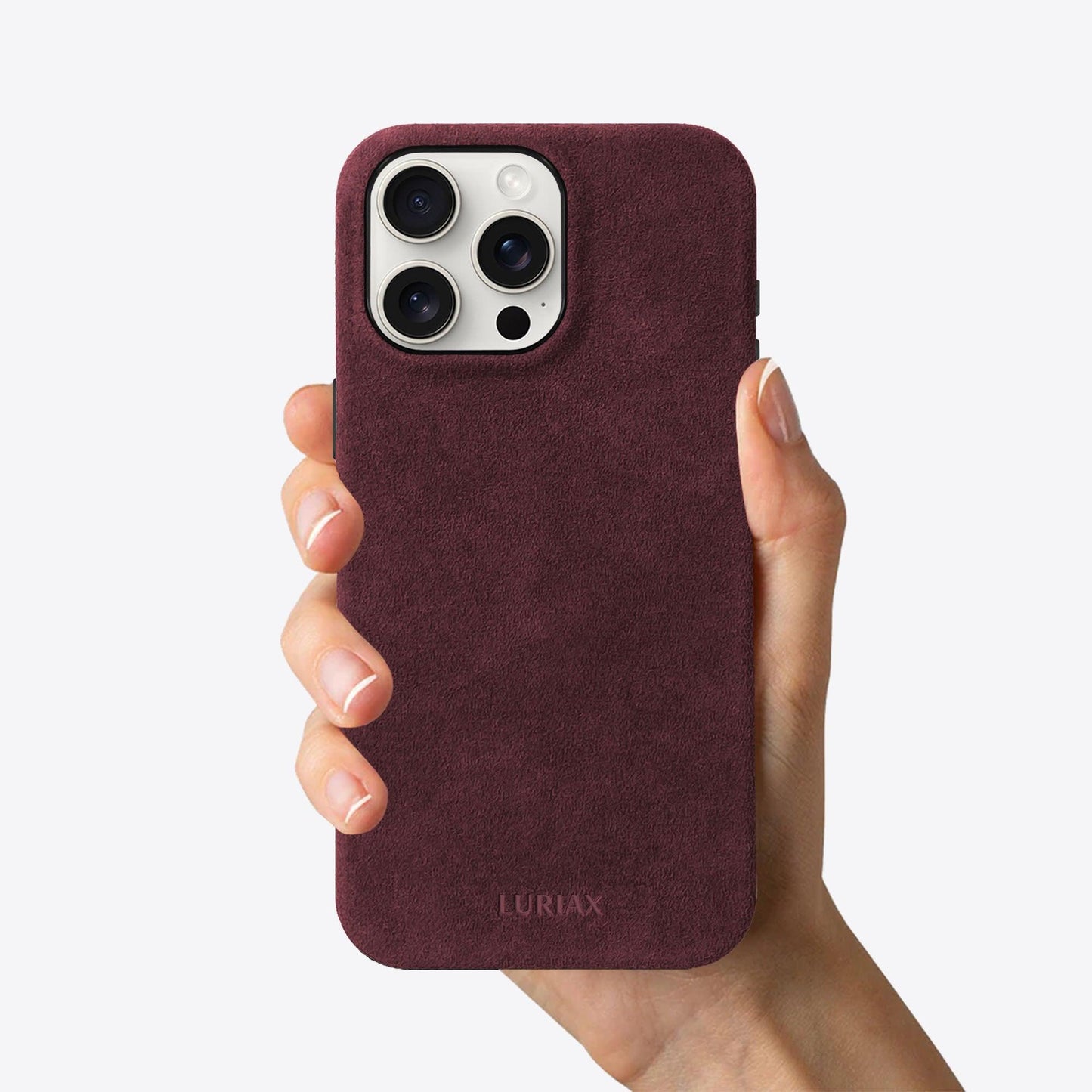 Alcantara Suede Leather iPhone 16 Pro Case and Accessories Collection - The Classic iPhone Case V2 - Bordeaux - Luriax