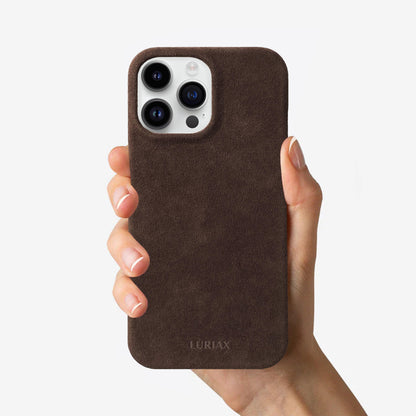 Alcantara Suede Leather iPhone Case and Accessories Collection - The Sport iPhone 14 & 14 Plus Case - Deep Brown - Luriax