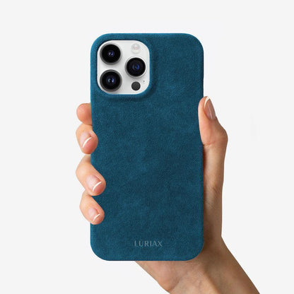 Alcantara Suede Leather iPhone Case and Accessories Collection - The Sport iPhone 14 & 14 Plus Case - Prussian Blue - Luriax