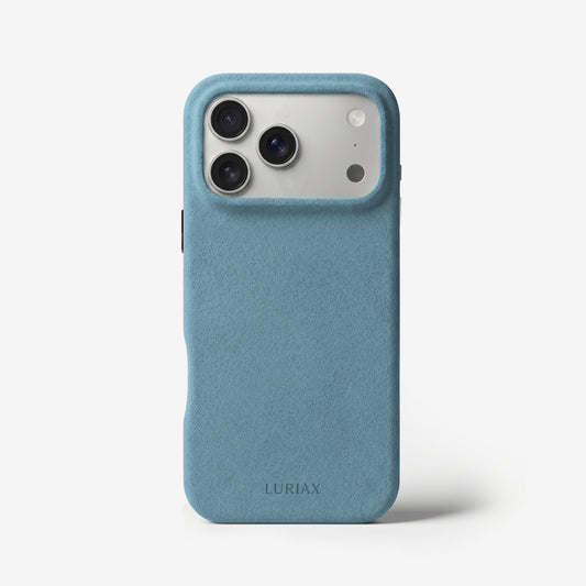 The Signature Handcrafted Case — Limited Edition iPhone 18 in Baby Blue, Alcantara® — front view | Luriax