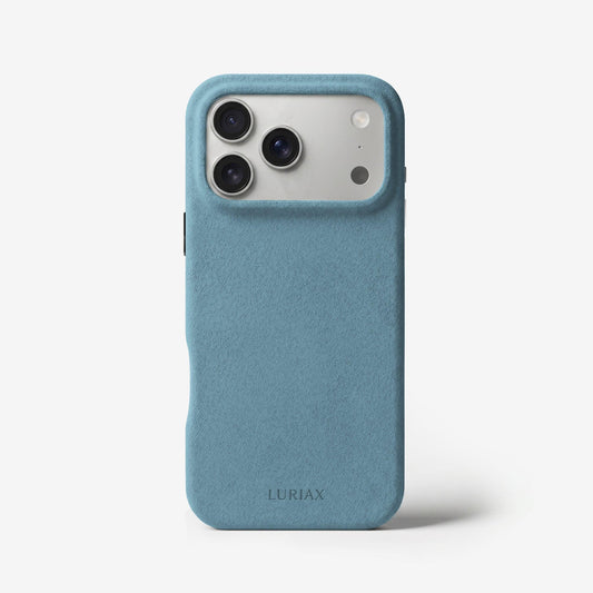 The Signature Handcrafted Case — Limited Edition iPhone 17 in Baby Blue, Alcantara® — front view | Luriax
