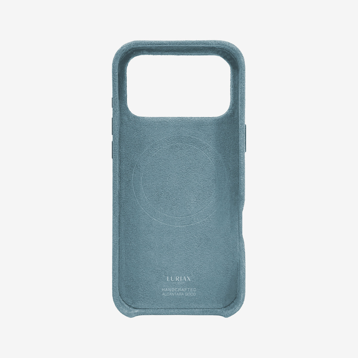 The Signature Handcrafted Case — Limited Edition iPhone 18 in Baby Blue, Alcantara® — back view | Luriax