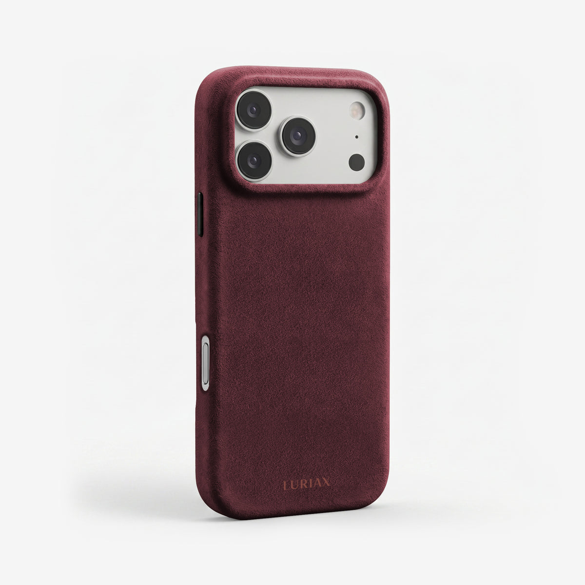 The Signature Handcrafted Case — iPhone 18 in Bordeaux, Alcantara® — three-quarter view | Luriax